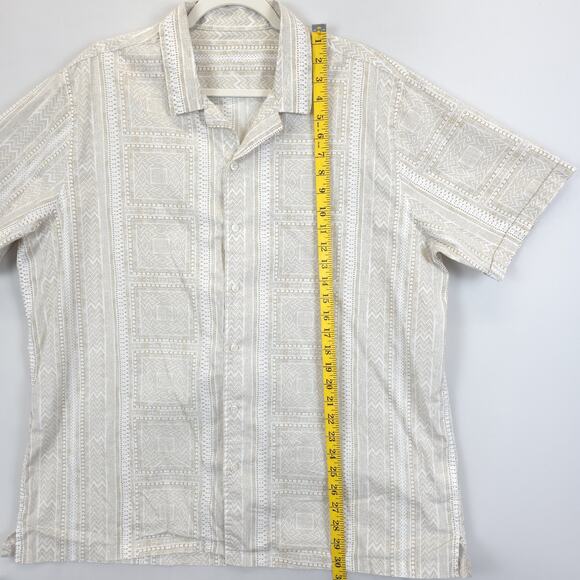 Macy's Camp Button Up Shirt Men XL Short Sleeve Printed Tan White Causal Office - Picture 3 of 10
